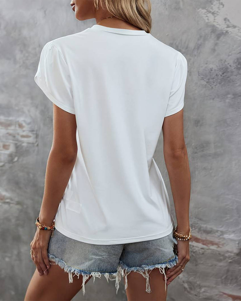 Round neck slit sleeve sequin pocket patchwork T-shirt summer t-shirts