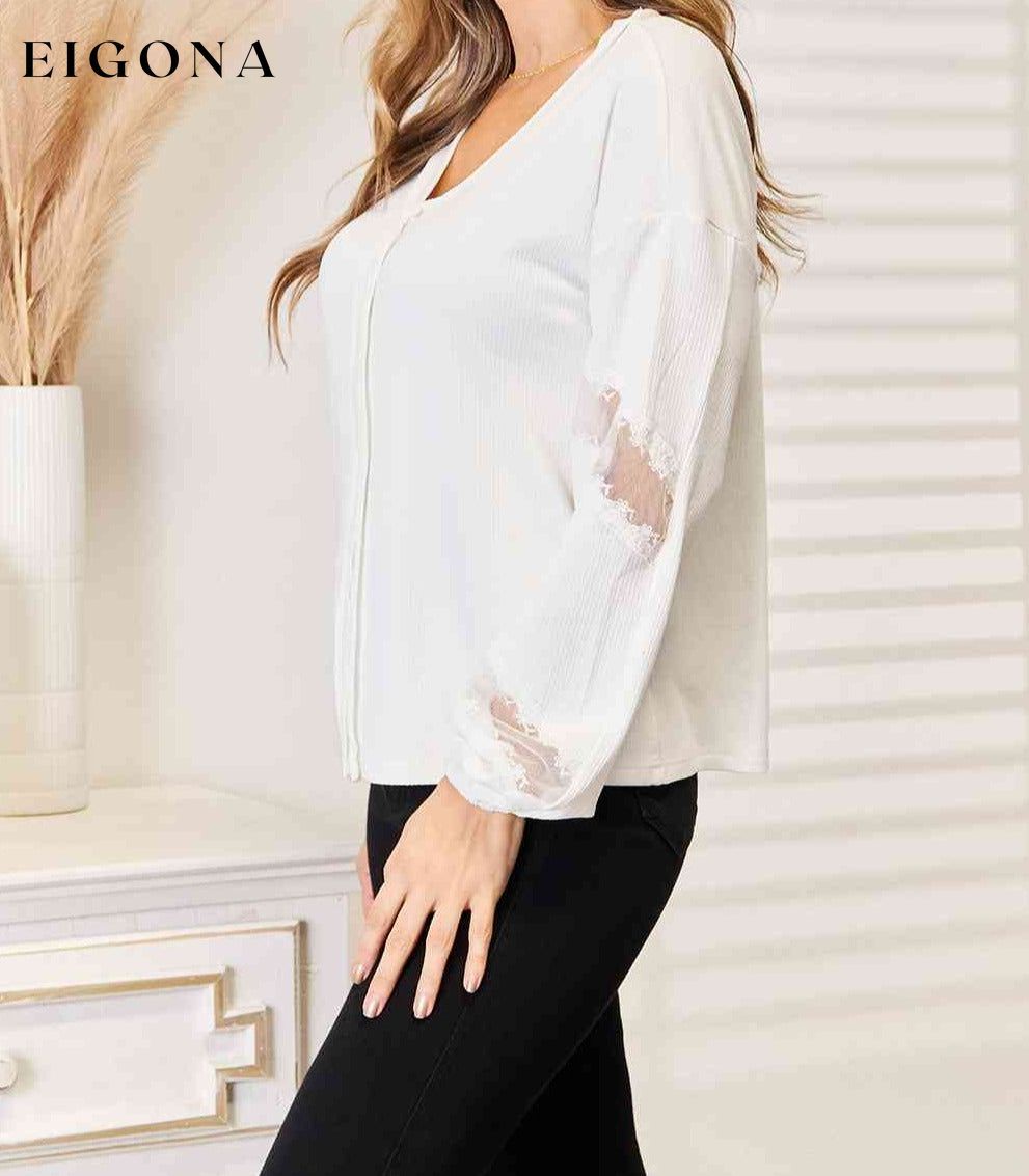 Double Take V-Neck Dropped Shoulder Blouse clothes Double Take long sleeve long sleeve shirts long sleeve top Ship from USA shirt shirts