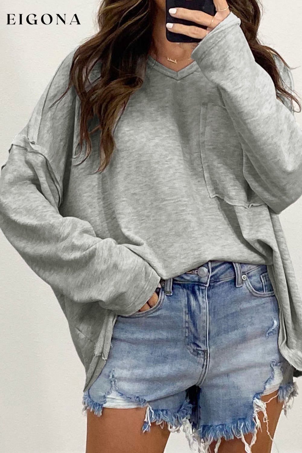 Gray Pocketed Oversized Drop Sleeve Top Gray 60%Cotton+35%Polyester+5%Elastane All In Stock clothes Craft Patchwork DL Exclusive Hot picks long sleeve shirts long sleeve top Occasion Daily Season Fall & Autumn Style Casual tops