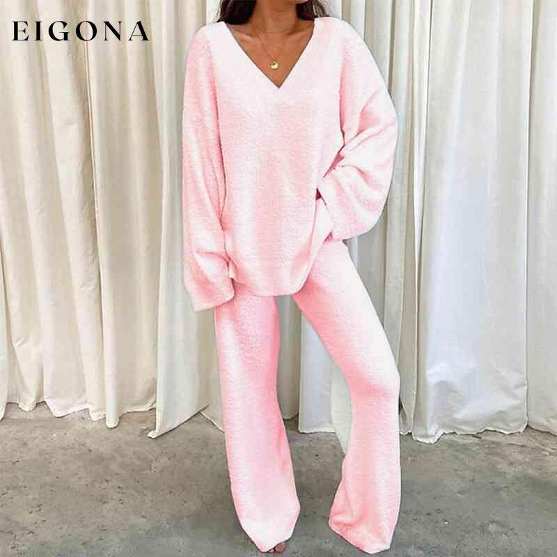 V-Neck Long Sleeve Top and Long Pants Set Blush Pink clothes R.T.S.C Ship From Overseas