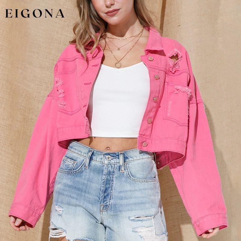 Cropped Collared Neck Dropped Shoulder Denim Jacket Strawberry clothes DE.O.Z.X Ship From Overseas Shipping Delay 09/29/2023 - 10/06/2023 trend