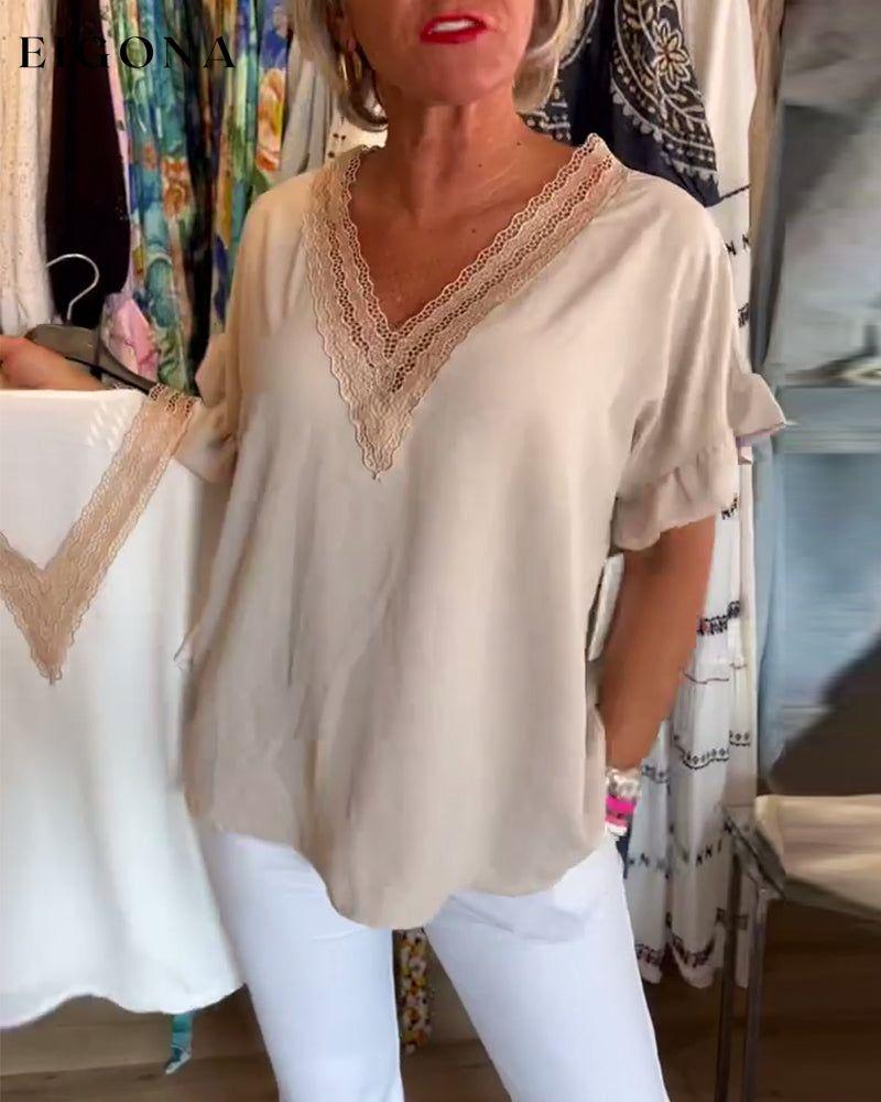 Lace panel solid color ruffle sleeve top blouses & shirts summer