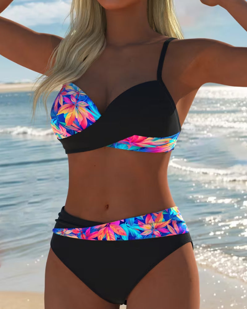 Botanical Leaf Print Color-Block Bikini