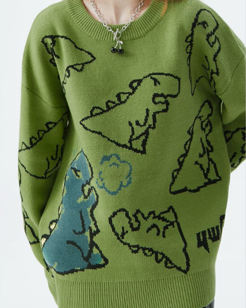 Dinosaur pattern crew neck casual sweater 2024 f/w pullovers