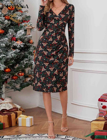 Christmas Element Print Long Sleeve Dress Charcoal clothes H.Y.G@E Ship From Overseas