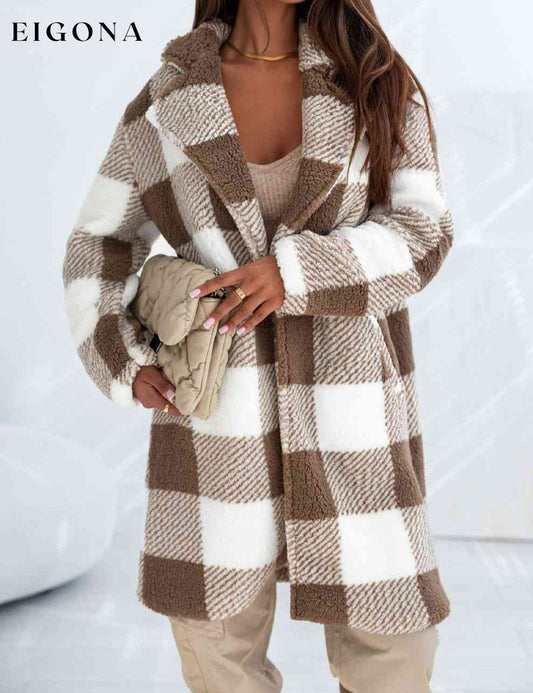 Plaid Collared Neck Longline Coat Chestnut clothes Ship From Overseas SYNZ