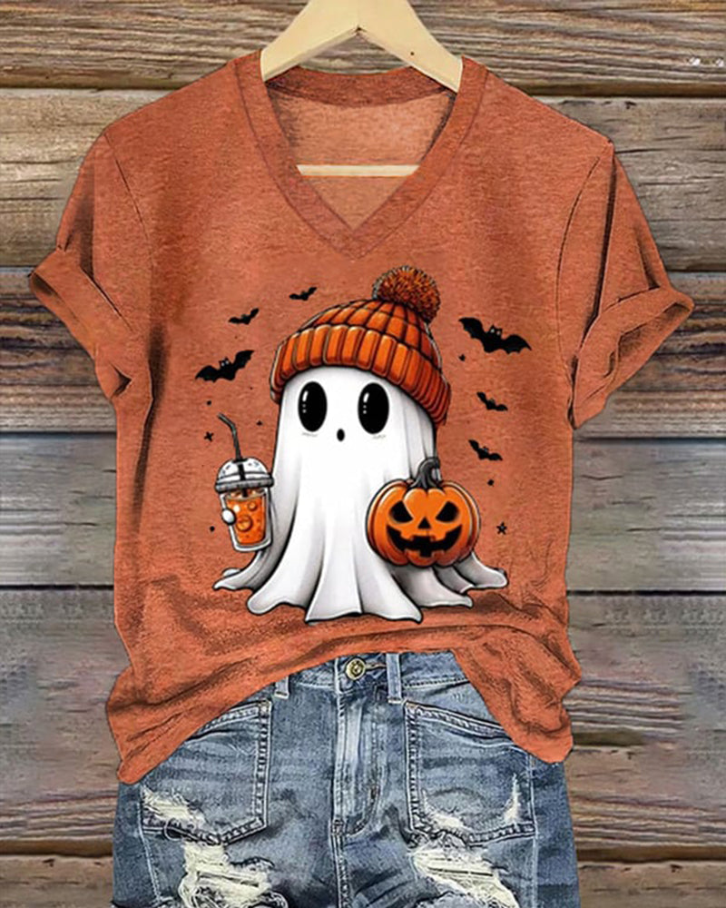 Women'S Ghost Print V-neck T-shirt 2024 f/w halloween spring summer t-shirts