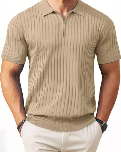 Men's Zipper Short Sleeve Ribbed Knit Polo T Shirts Golf Shirts