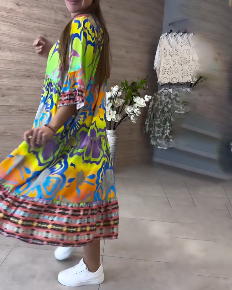 Lässiges Bohemian-Kleid mit V-Ausschnitt und Print