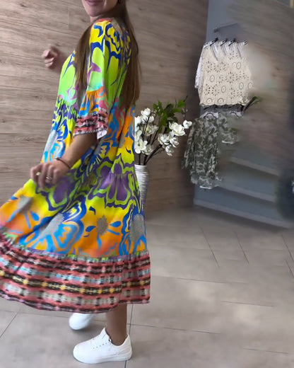 Lässiges Bohemian-Kleid mit V-Ausschnitt und Print