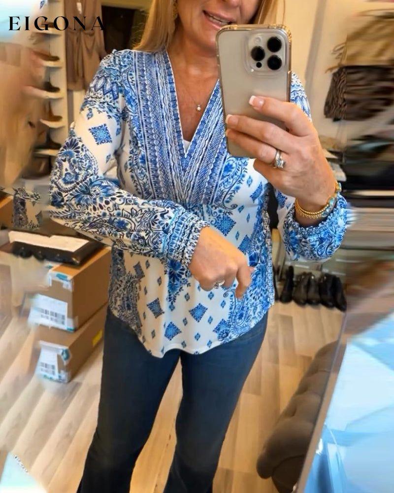 Casual V-neck printed top blouses & shirts spring