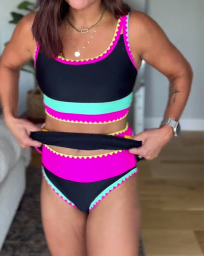 Stylish Color-Blocked Three-Piece Swimsuit