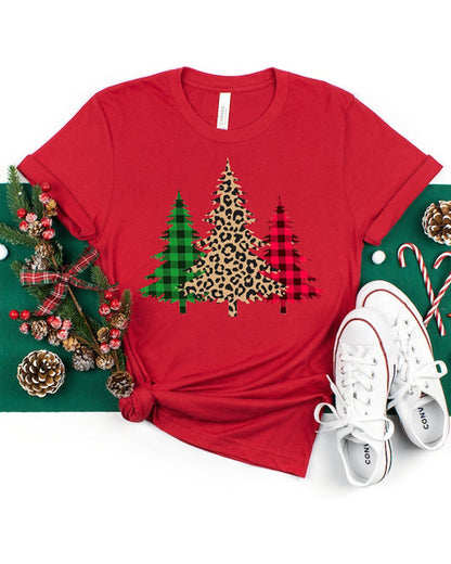 Leopard plaid patchwork Christmas tree print T-shirt 2024 f/w christmas summer t-shirts