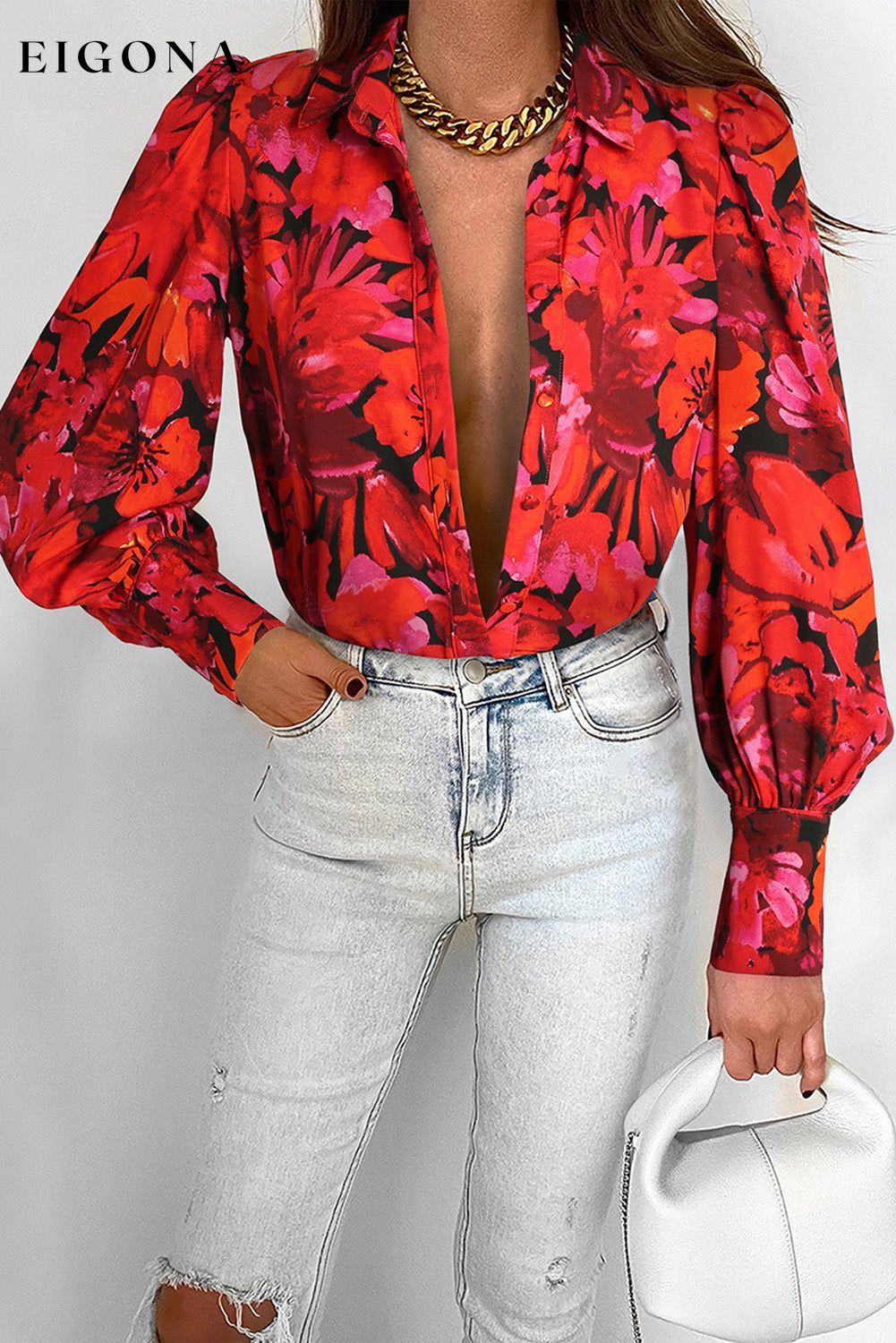Red Floral Print Lantern Sleeve Shirt All In Stock clothes clothing long sleeve shirts long sleeve top Occasion Daily Print Floral Season Spring shirt shirts Style Elegant top tops