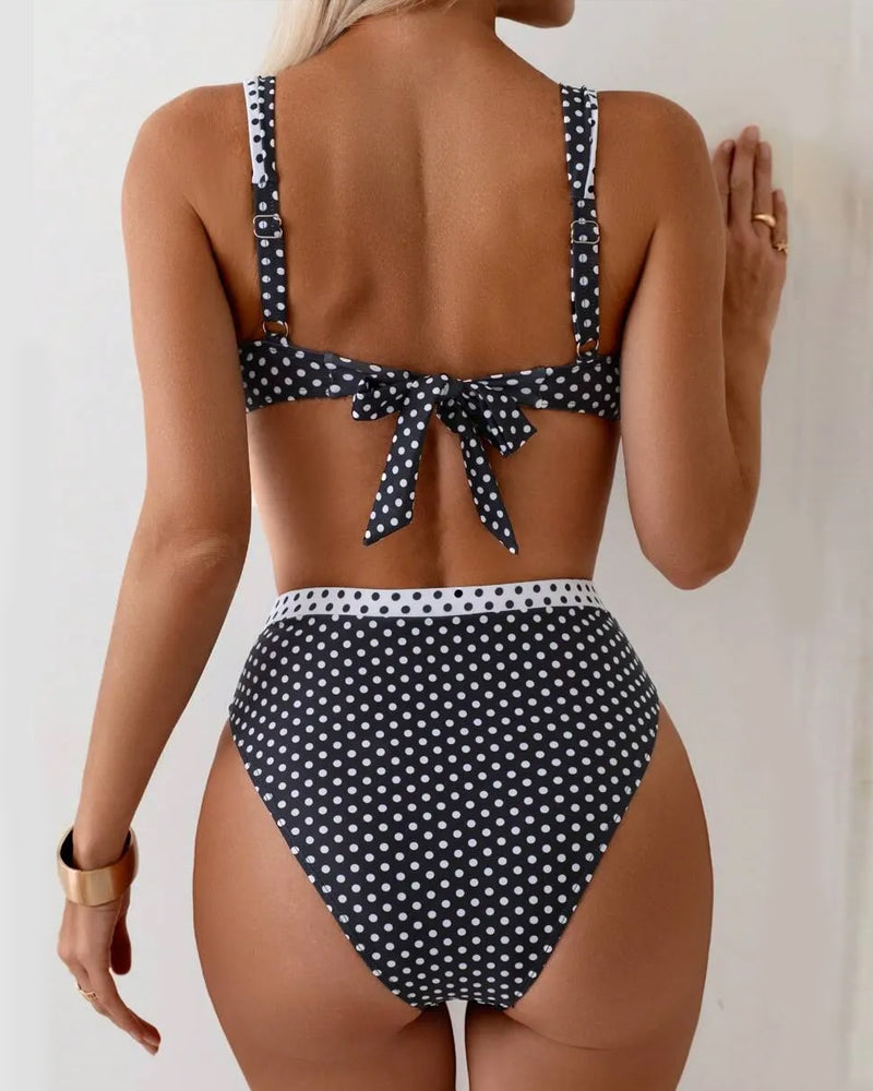 Polka-Dot High-Waist Metal Buckle Split Bikini