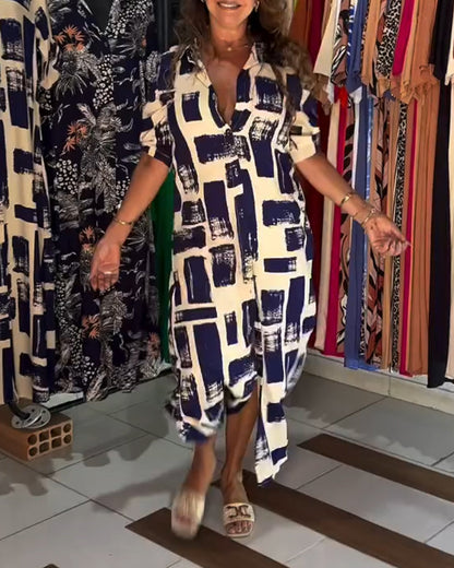 Lapel Slit Plaid Color Block Dress