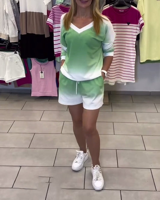 Langärmliges Sport-Set mit V-Ausschnitt und Farbverlauf