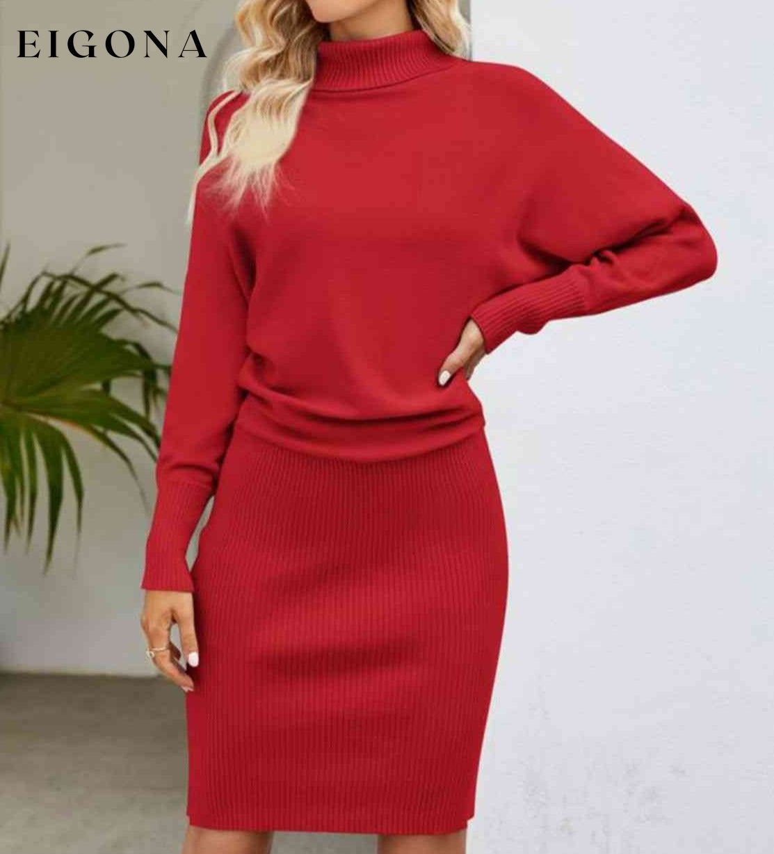 Turtle Neck Long Sleeve Ribbed Sweater Dress Deep Red clothes Ship From Overseas Yh