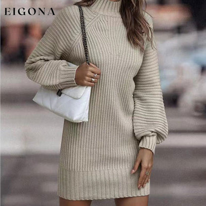 Mock Neck Lantern Sleeve Sweater Dress casual dresses clothes dress dresses Ship From Overseas Shipping Delay 09/29/2023 - 10/04/2023 sweater dress Y@Y@D@Y