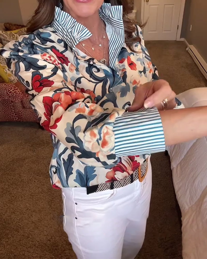 Bluse mit Puffärmeln und Blumenstreifen
