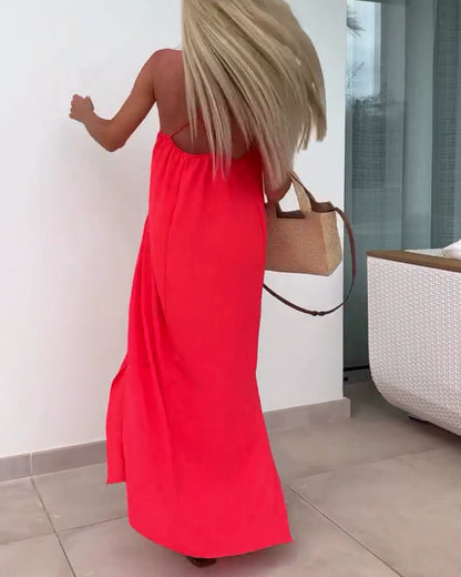 Sleeveless Strapless Solid Color Slit Dress