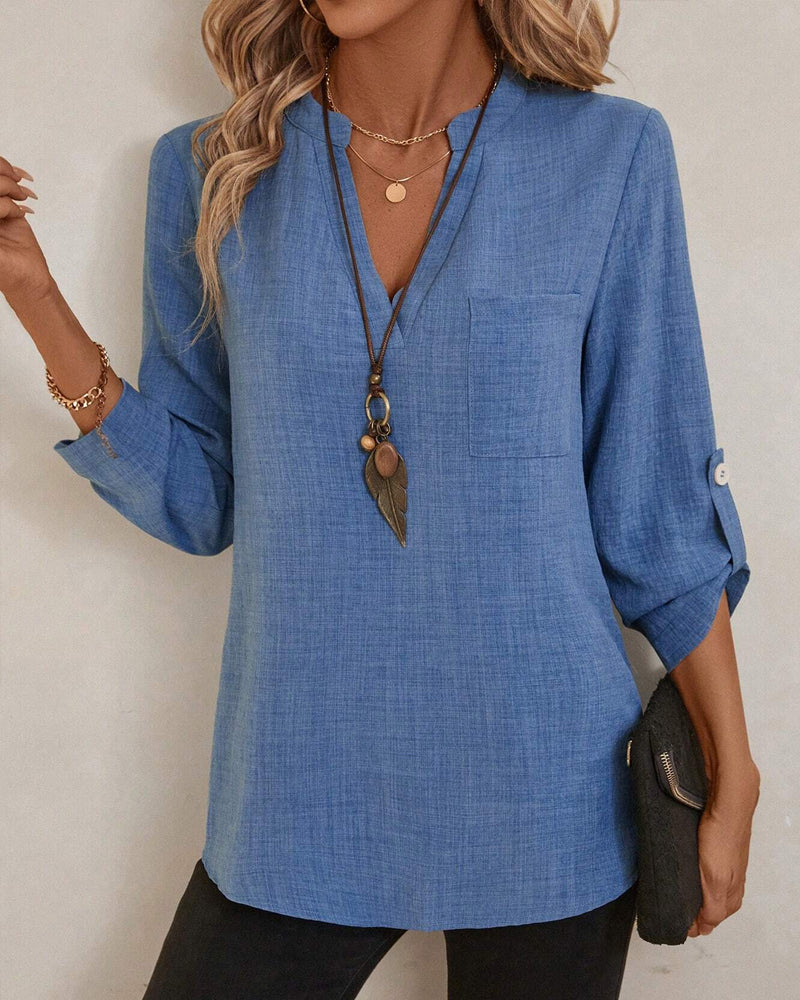 V-Neck Solid Color Long Sleeve Pocket Shirt