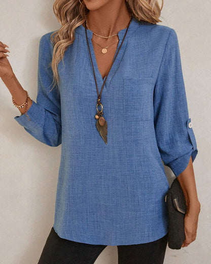 V-Neck Solid Color Long Sleeve Pocket Shirt