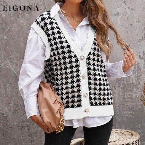 Houndstooth Button Front Sweater Vest White clothes Ship From Overseas Sweater sweaters T*Y