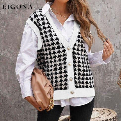 Houndstooth Button Front Sweater Vest White clothes Ship From Overseas Sweater sweaters T*Y