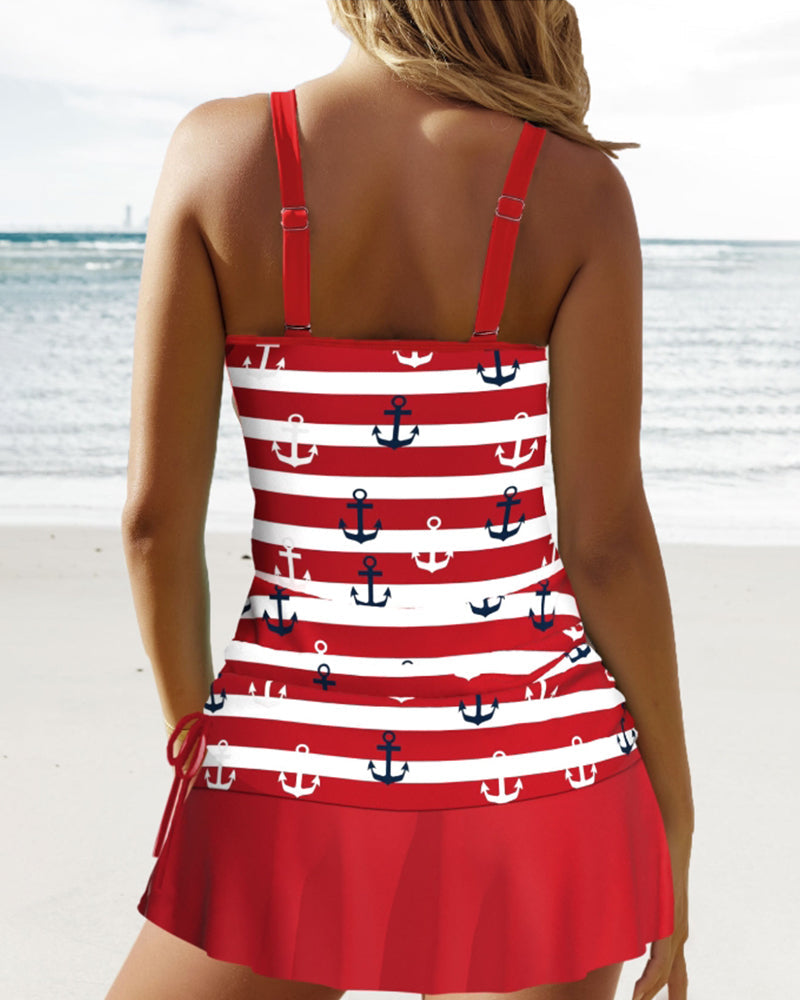 Striped print suspender swimsuit set