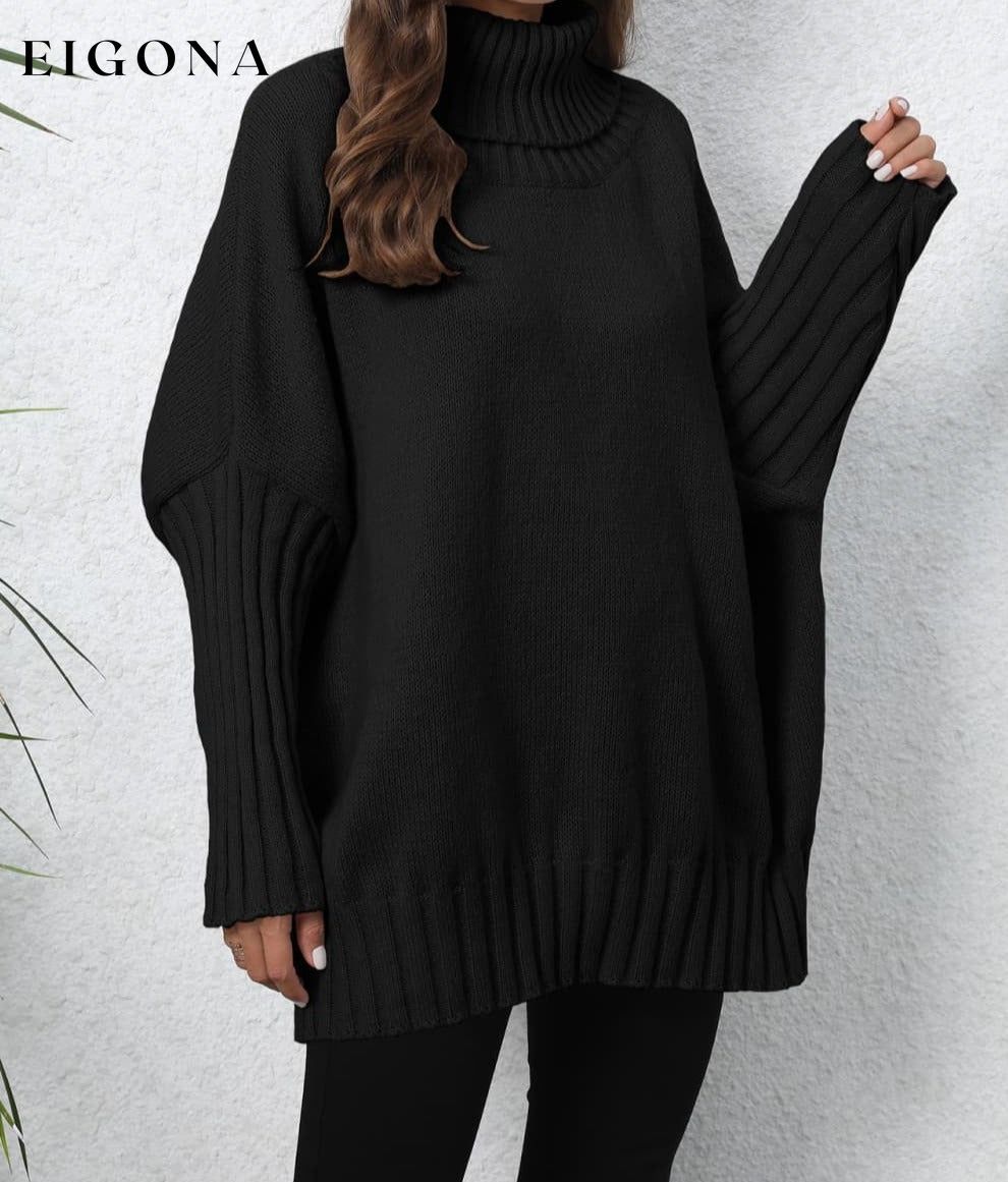 Turtle Neck Long Sleeve Ribbed Sweater Black One Size clothes O & Y.M Ship From Overseas trend