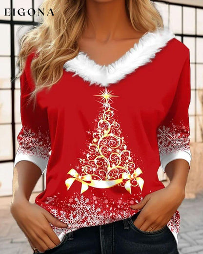 Plush v-neck christmas tree print top 2023 f/w 23BF blouses & shirts christmas Clothes