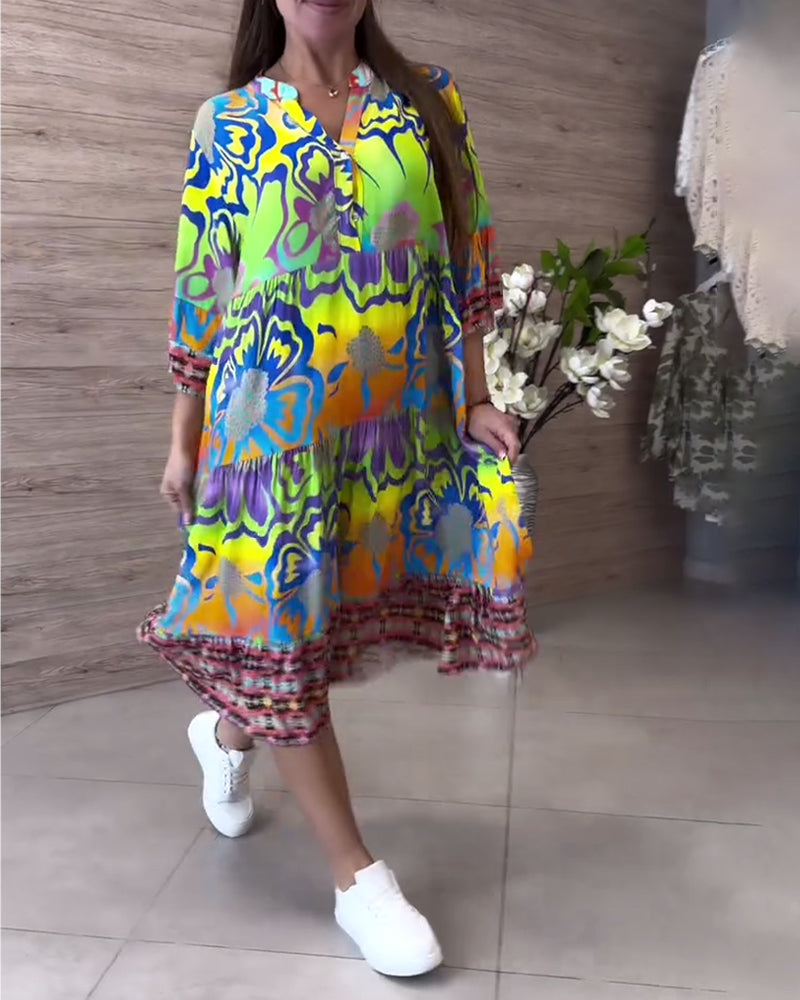 Lässiges Bohemian-Kleid mit V-Ausschnitt und Print