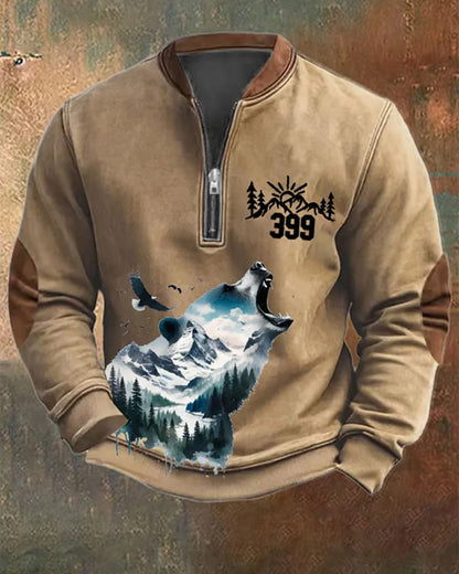 Men's Vintage Grizzly Print Zip-Up Sweatshirt 2024 f/w cute animals sweatshirts