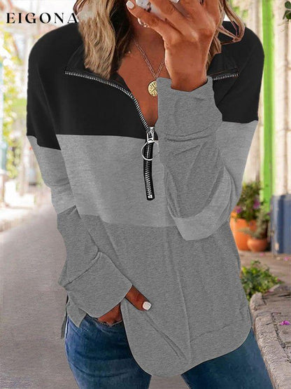 Loose Panel Color V-Neck Long Sleeve Sweatshirt top tops