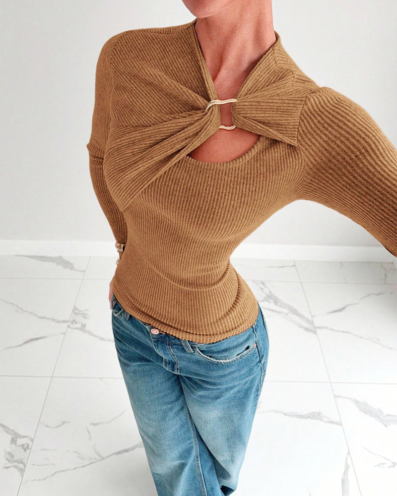 Women's Long Sleeve Ribbed Knit Swivel Front T-Shirt