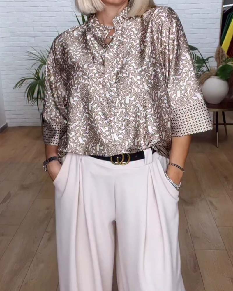 Stand-Collar Printed Satin  Blouse