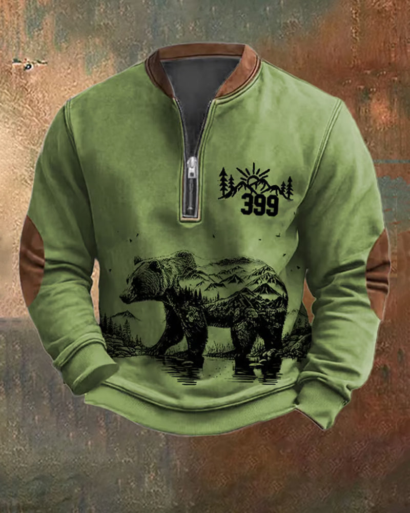 Men's Western Grizzly Print Zip-Up Sweatshirt cute animals hoodies man