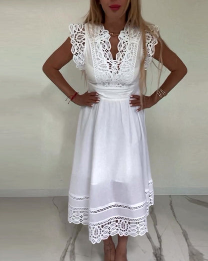 Elegant solid color lace V-neck sleeveless dress