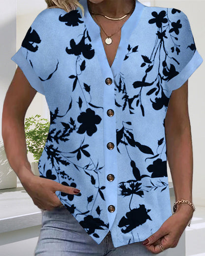 Casual Printed V-Neck Short Sleeve Shirt