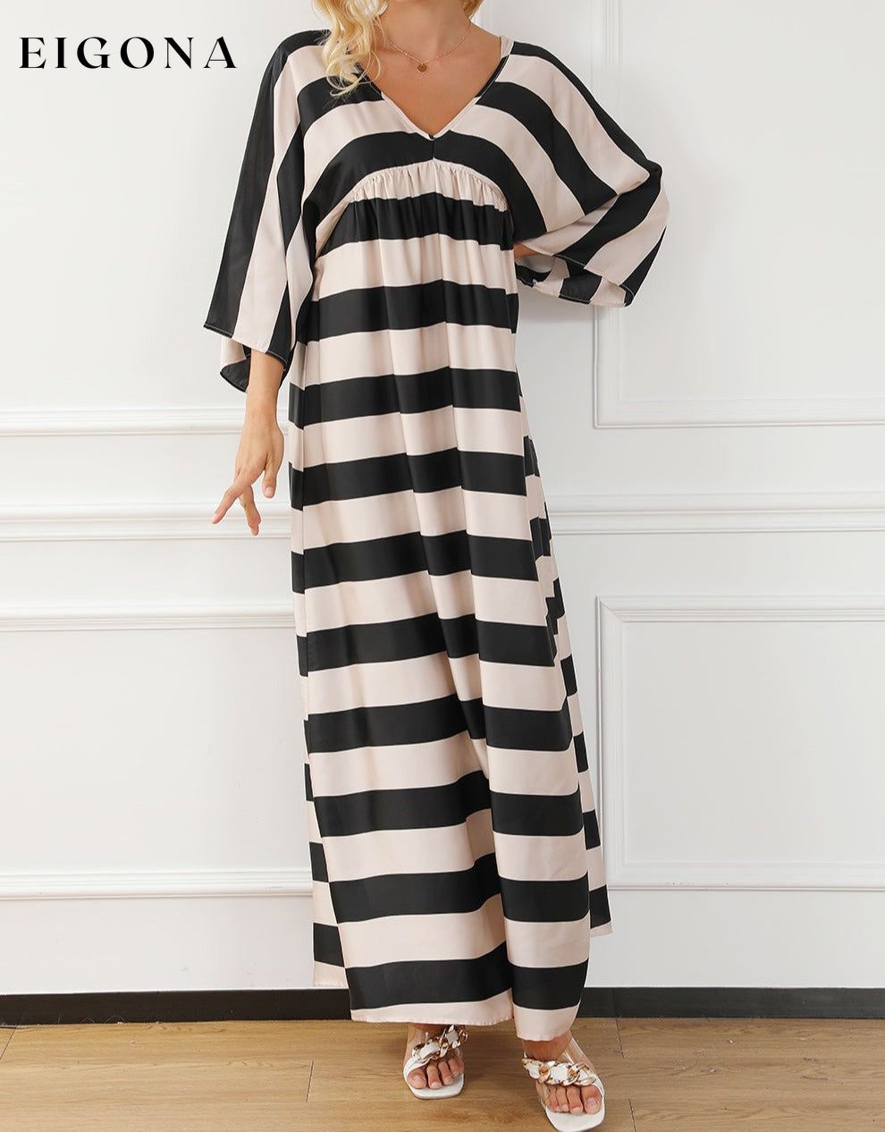 Black V Neck Kimono Sleeve Striped Maxi Dress All In Stock clothes Occasion Daily Print Color Block Season Spring Silhouette A-Line Style Casual