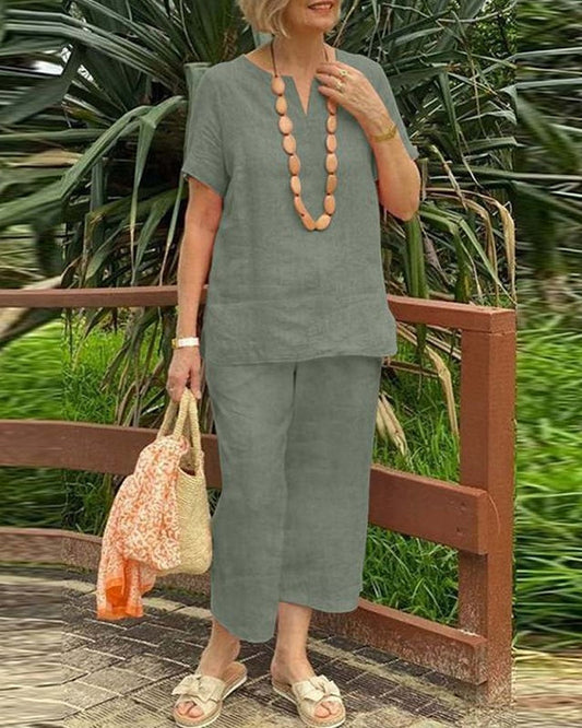 Short Sleeve Shirt Elastic Waist Cropped Pants Two-Piece Sets