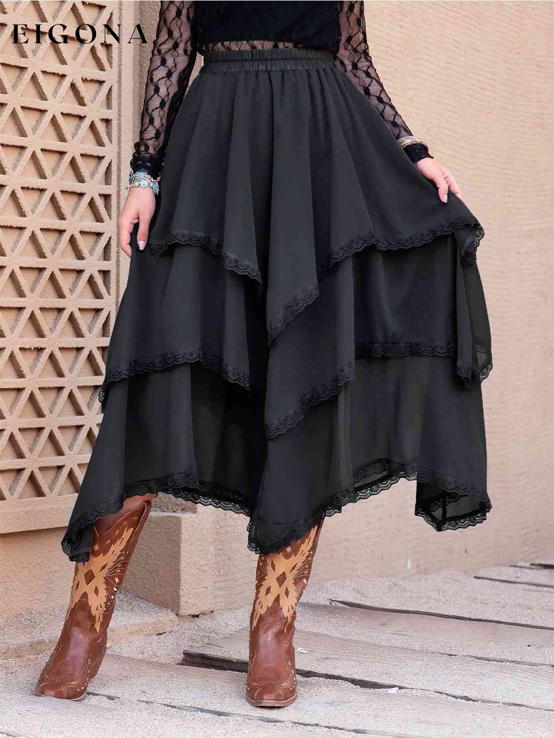 Tiered Lace Detail Midi Skirt Black clothes H.R.Z Ship From Overseas