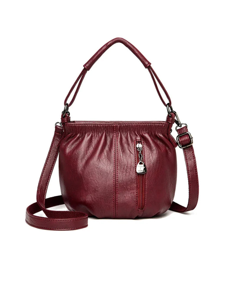 Casual Pleated Bucket Soft Leather Handbag