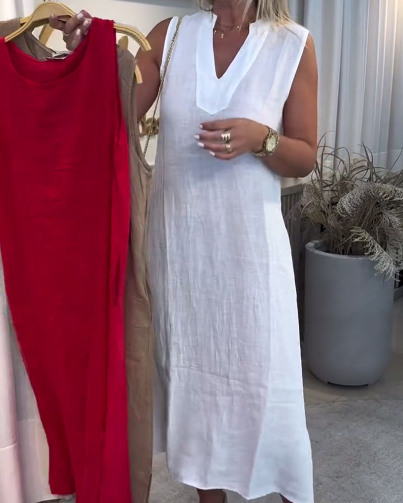 Ärmelloses Kleid aus französischer Baumwolle und Leinen mit V-Ausschnitt