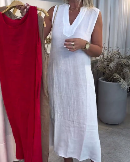 Ärmelloses Kleid aus französischer Baumwolle und Leinen mit V-Ausschnitt