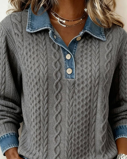 Button Lapel Contrast Casual Sweatshirt