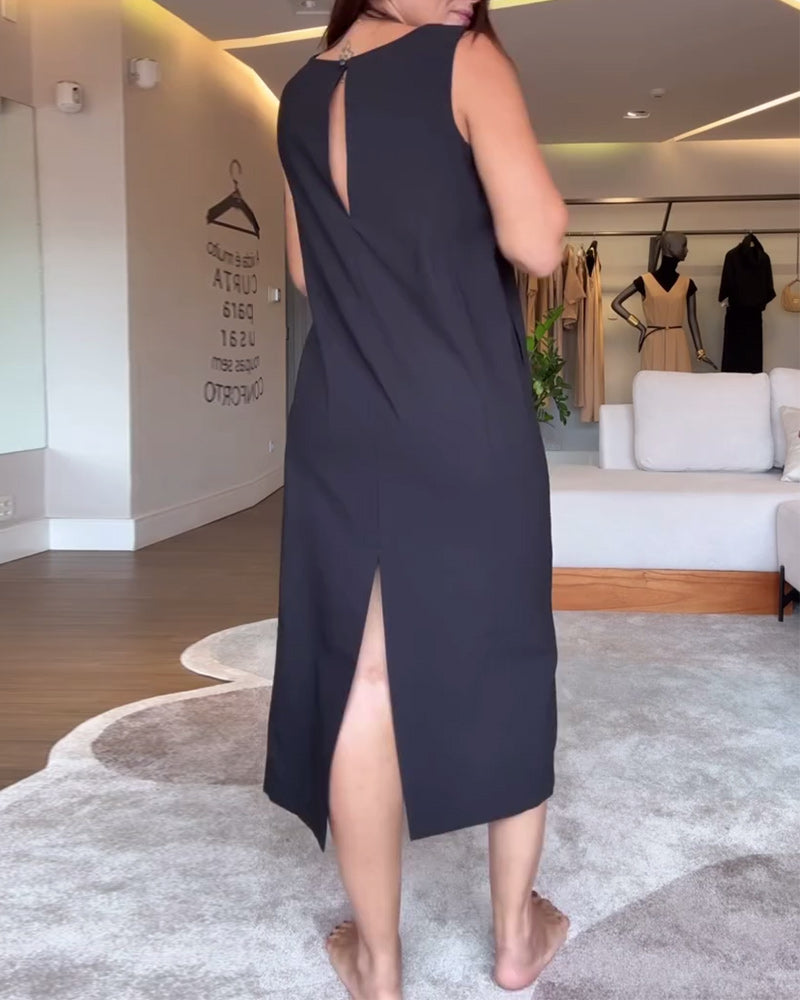 Lässiges, ärmelloses, einfarbiges, geteiltes Kleid mit V-Ausschnitt