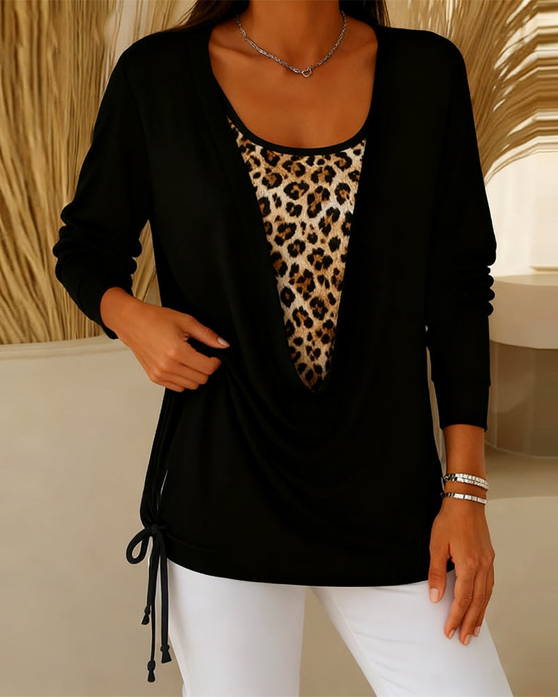 Fake Two-Piece Lace-Up Leopard Print T-Shirt