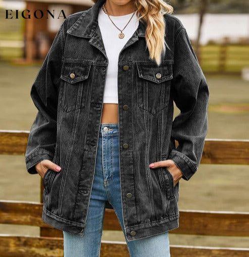 Collared Neck Denim Jacket With Pockets Black clothes Jackets & Coats M.F Ship From Overseas